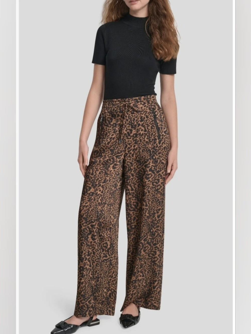 Dkny Brown Leopard Print Satin Wide-Leg Pants